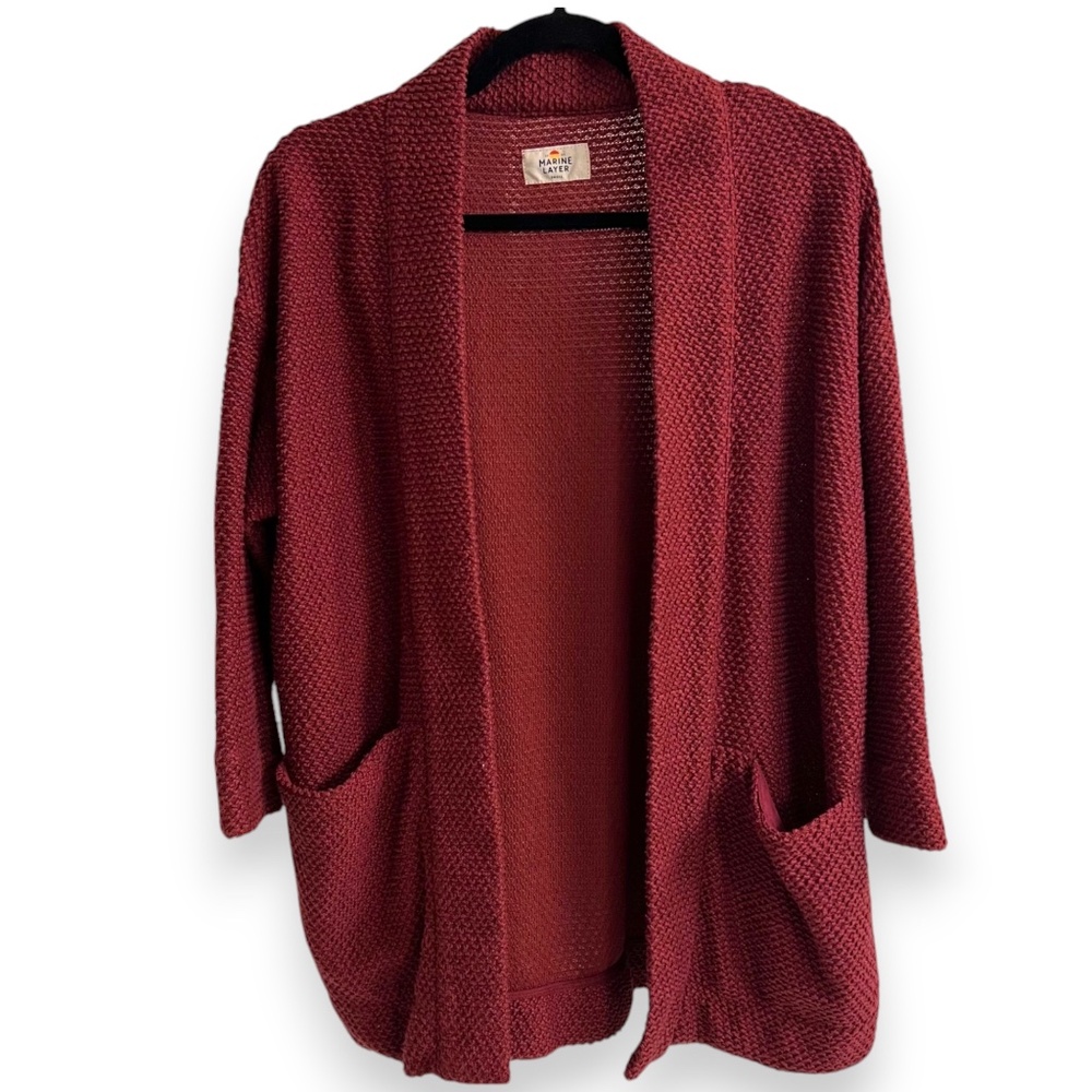 Marine Layer Birdseye Womens Small S Maroon Open Front Cardigan Oversize Pockets